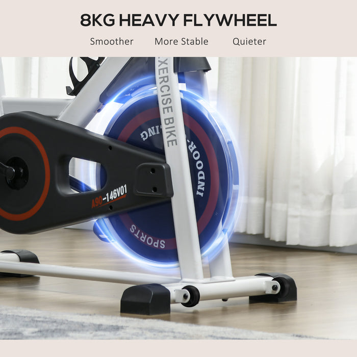 Heavy-duty indoor spin bike with 8kg flywheel, LCD display, and adjustable resistance for home workouts