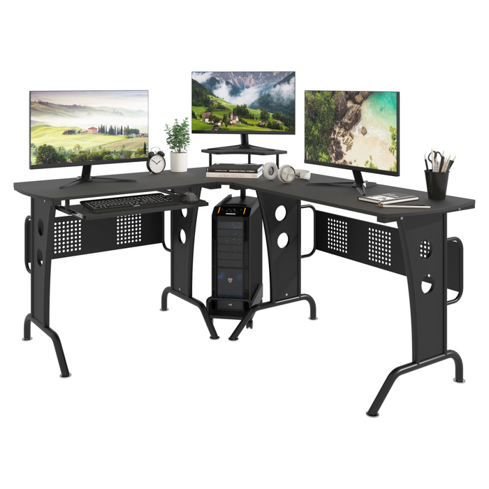 Black L-shaped desk with steel frame, keyboard tray, and removable CPU holder for office or gaming