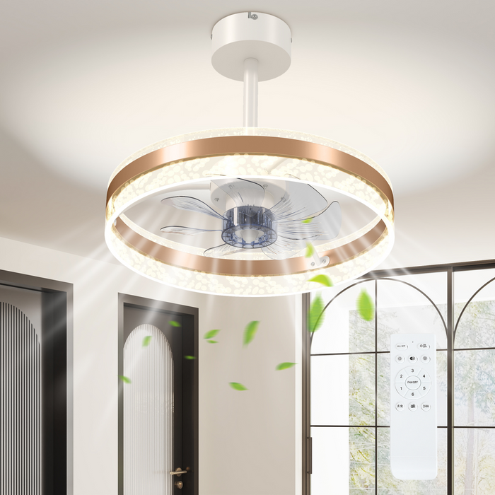 Gold-tone modern ceiling fan with LED light, remote control, and acrylic bubble shade