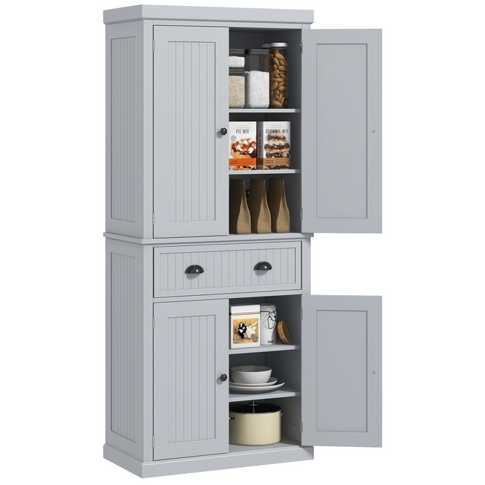 Tall grey storage cabinet with drawers and adjustable shelves for kitchen, living room, or office