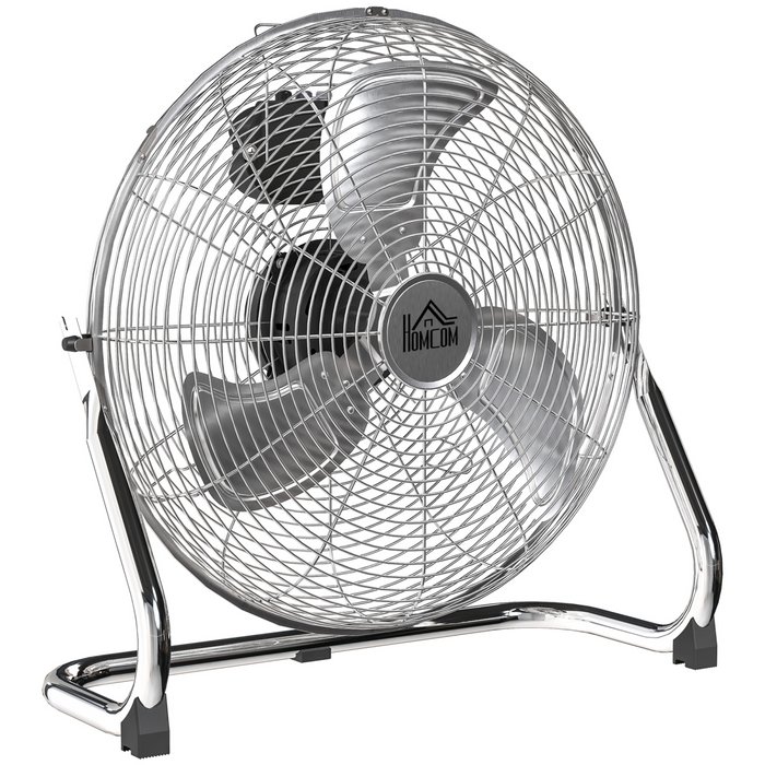 Silver metal desk fan with 3-speed settings and adjustable tilt.