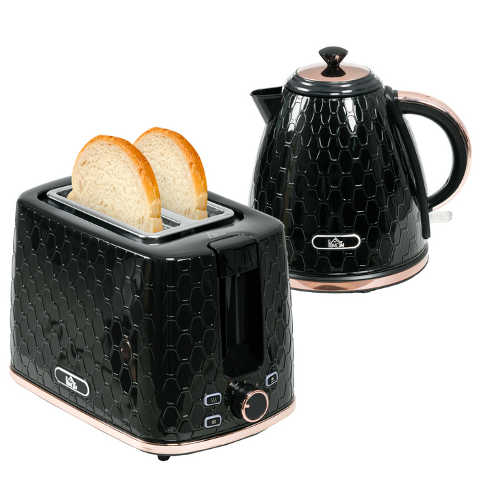 Electric kettle and toaster set in honeycomb design with LED buttons and 7 toast settings