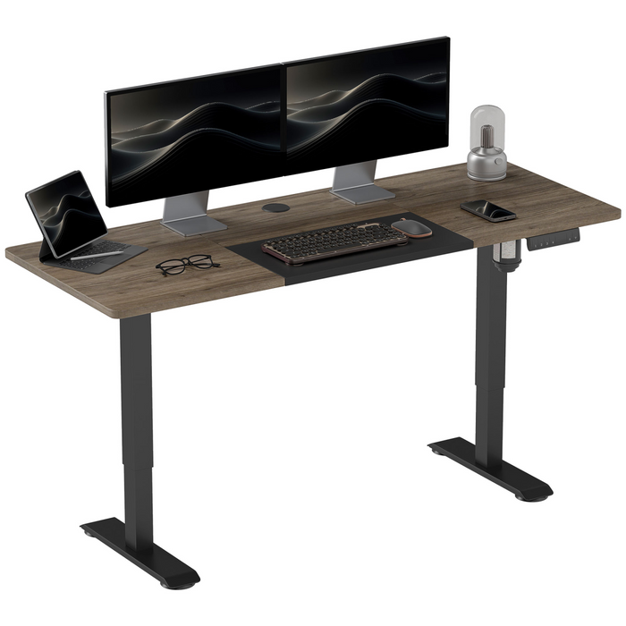 Electric standing desk with teak tabletop and black legs, featuring memory presets and cable hole