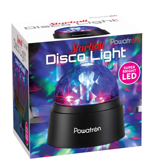 Mini disco light glowing in rainbow colours – Powertron Starball in a dark room