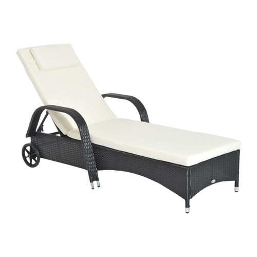 Black Outsunny adjustable rattan sun lounger with cushion, headrest and wheels β outdoor recliner for garden or patio UK