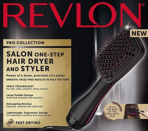 REVLON One-Step Hair Dryer and Styler, showcasing its paddle brush design and highlighting features like Ionic Technology.