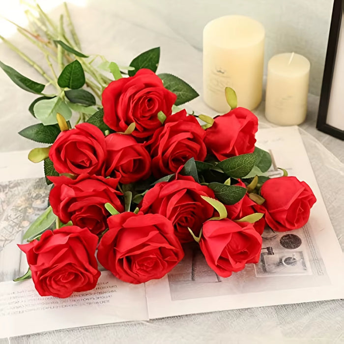 Lifelike 12-piece artificial rose bouquet with silk petals for home and wedding decoration