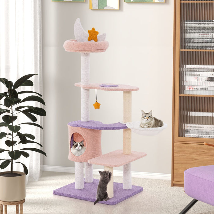 Cloud-shaped platforms with sisal scratching posts on a multi-level cat tree tower in purplish pink, featuring a cozy hammock and hanging star toy.