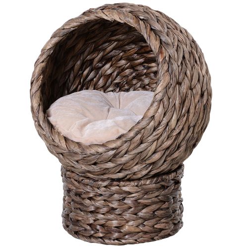 Raised cat hideaway with water hyacinth design and soft flannel cushion for small cats