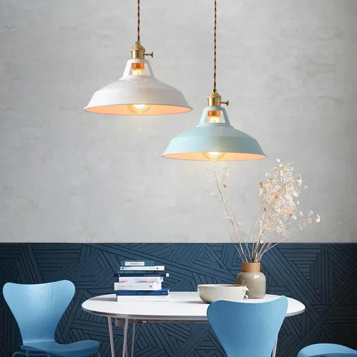 Vintage industrial pendant light with colorful metal shade and brushed nickel finish