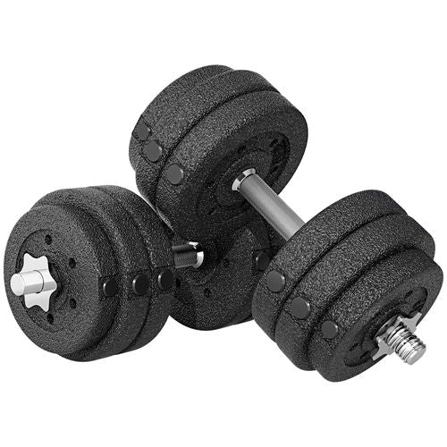 Dumbbell set with 8 x 2.5kg and 4 x 1.5kg weights, featuring non-slip grips and compact design for easy storage.