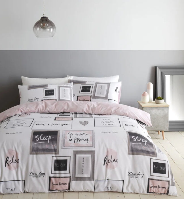 Duvet cover set with inspirational quotes and soft contemporary colors