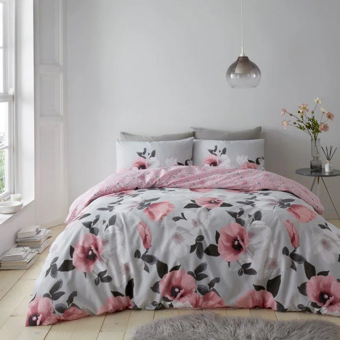 Blush pink and grey floral duvet cover set with concealed button closure, soft and comfortable bedding