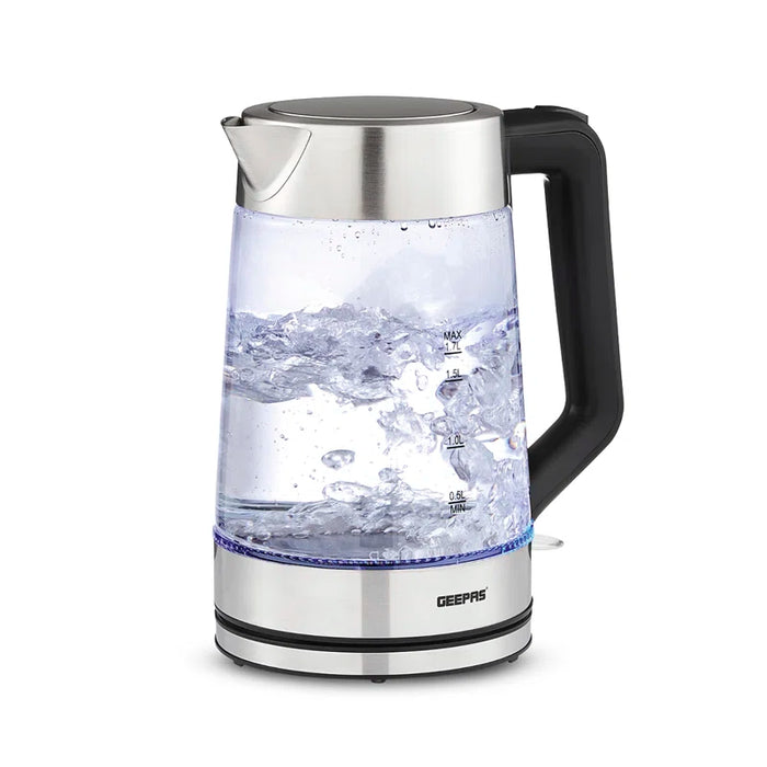 Geepas 1.7L electric glass kettle with quiet boil and auto shut-off