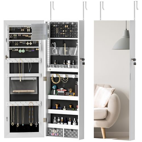 Wall-mounted LED jewelry cabinet with full-length mirror and lockable storage