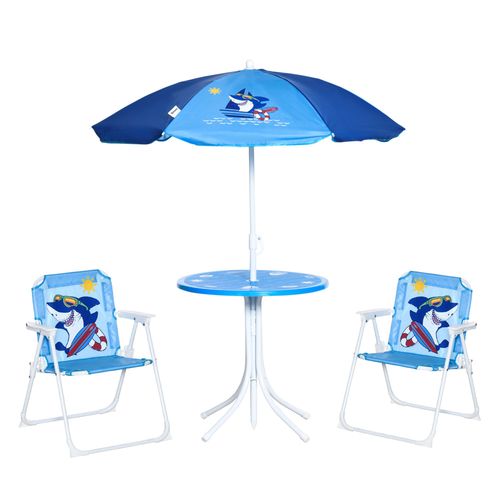 Foldable 4-piece kids garden set with shark design, including table, chairs, and umbrella
