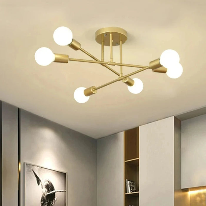 Contemporary iron ceiling light with minimalist design, installed in a modern living room interior