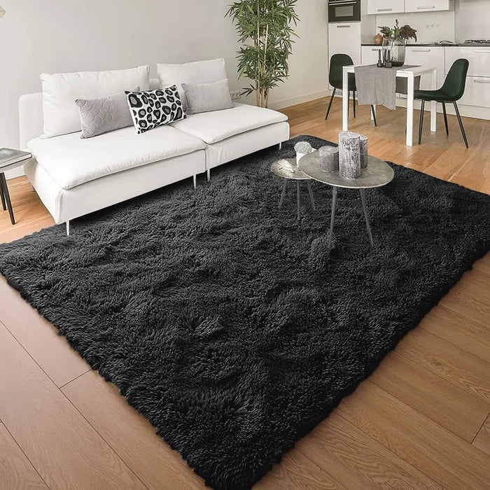 Deep pile shag rug in living room, soft and cozy with modern design