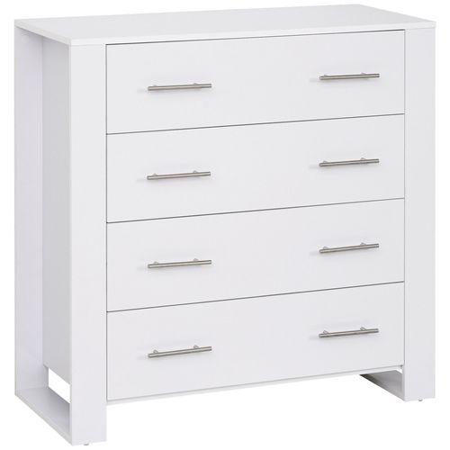 White four-drawer storage unit with safety straps and elevated base for organization.