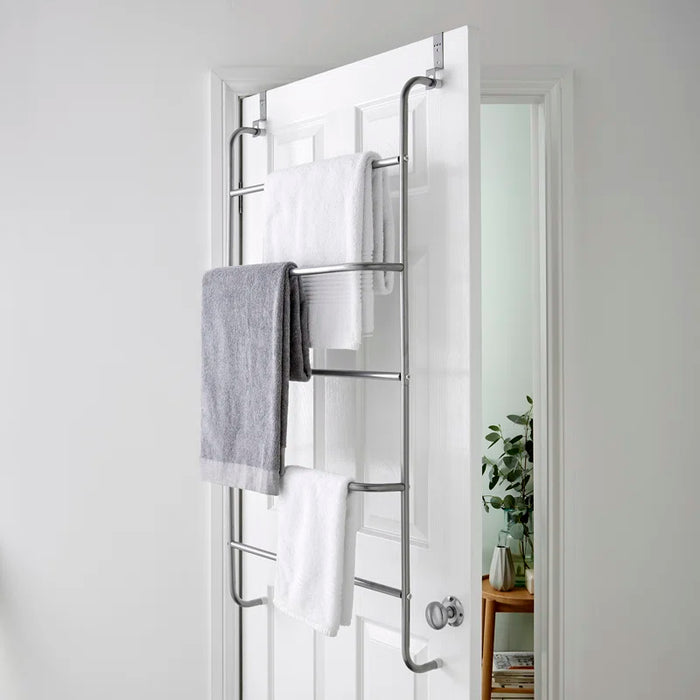 Over-the-door towel and clothes rack with five rails and non-slip rubber hooks