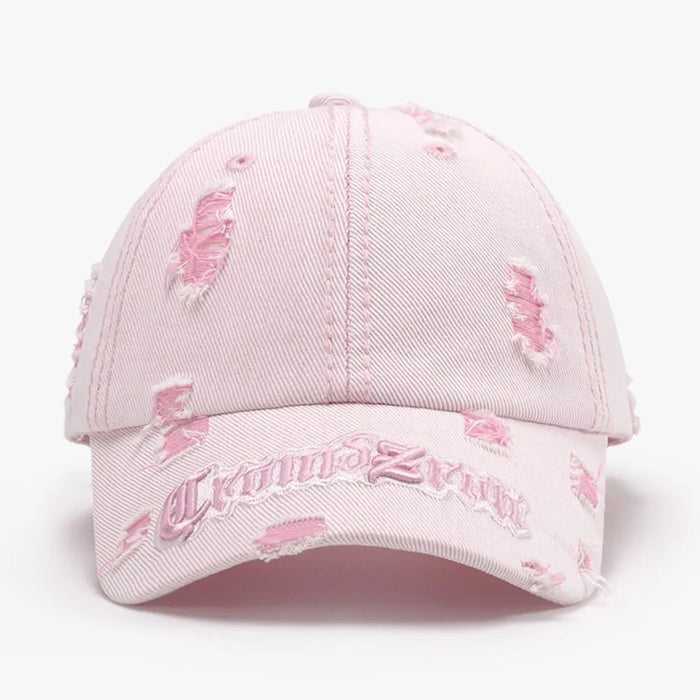 Distressed letter embroidered baseball cap, adjustable cotton hat with breathable design for outdoor activities.