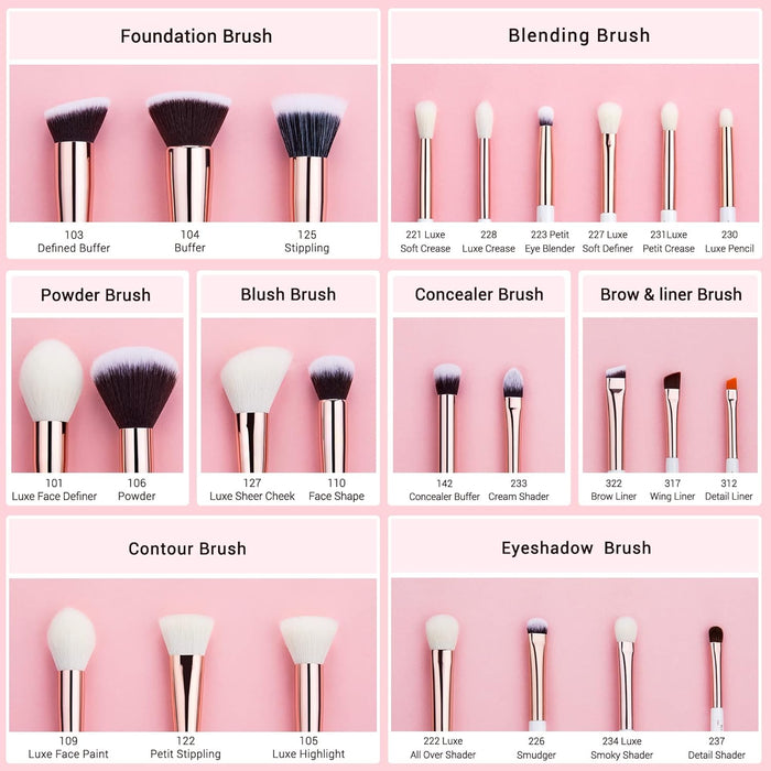 25-piece Jessup professional makeup brush set with wooden handles and soft natural bristles in rose gold and pearl white box