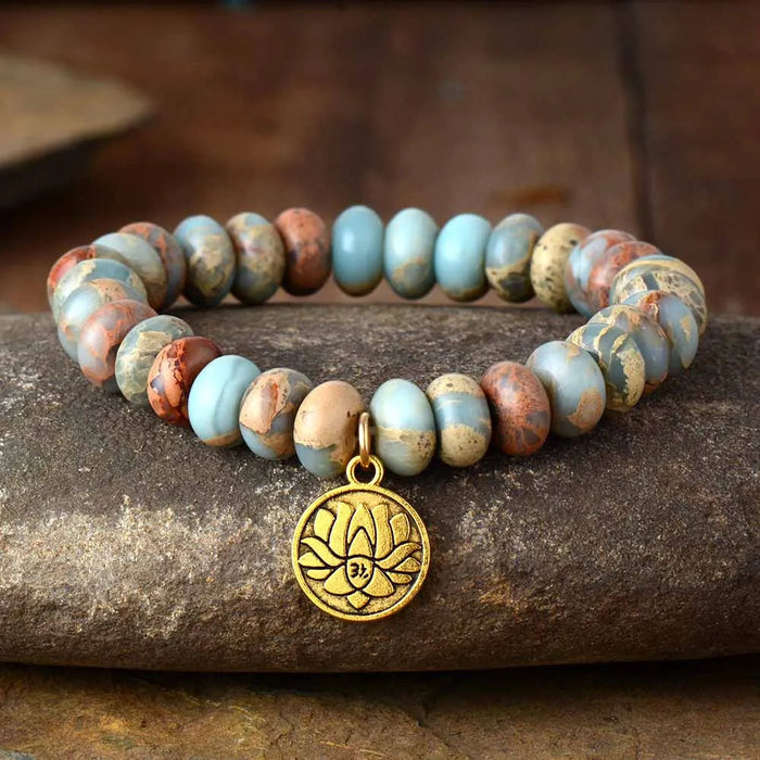 Imperial Jasper Bracelet with Lotus Charm – Handmade Natural Stone Stretch Band