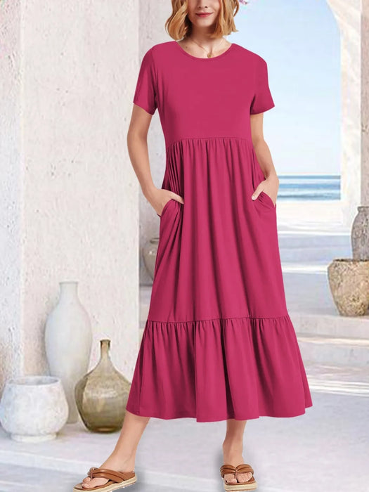 Stretchy tiered dress with pockets for casual outings, machine washable and comfortable fit.