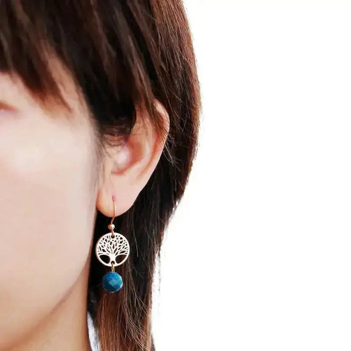 Handmade Blue Apatite Tree of Life earrings with wire-wrapped boho spiritual design