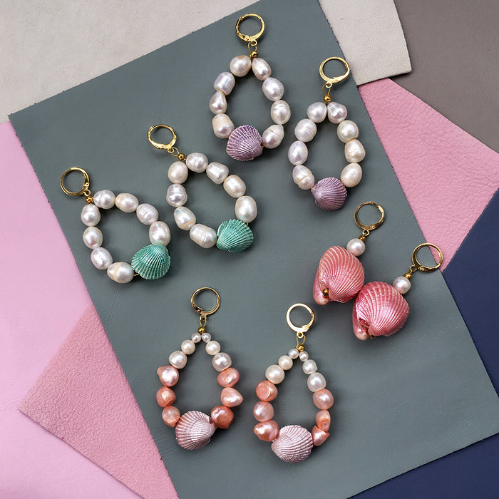 Iridescent pastel shell and pearl earrings with 24K gold hoops