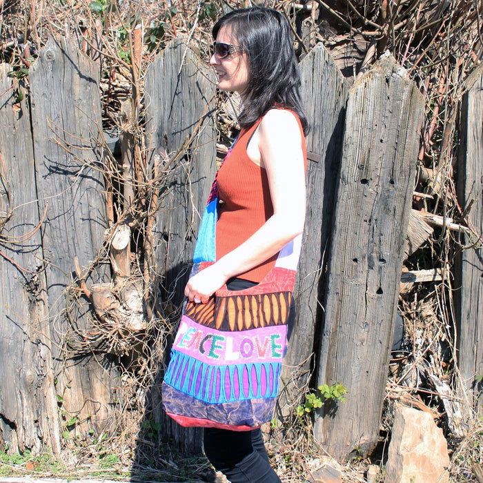 Handmade boho festival bag with peace sign and colorful hippie design