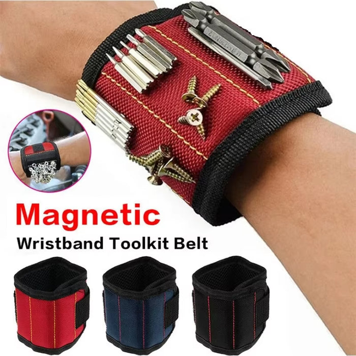 Heavy-duty magnetic wristband holding screws, nails, and bits during a DIY repair project