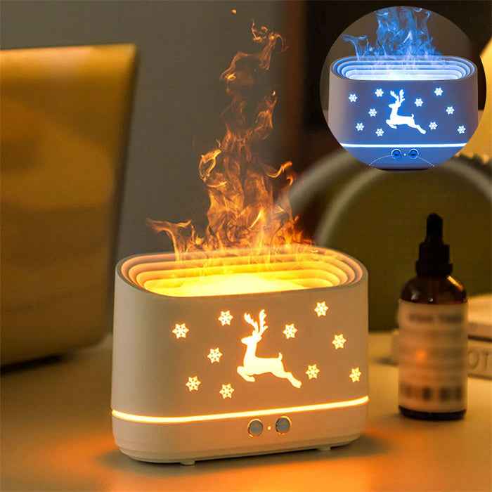 Realistic flame effect diffuser with LED light and mist, placed on a wooden nightstand – USB-powered humidifier for home