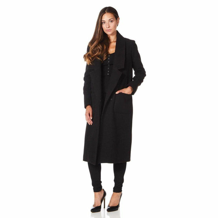Elegant British-made faux wool wrap coat with tailored silhouette, hidden poppers, and soft finish – ideal for winter wear.