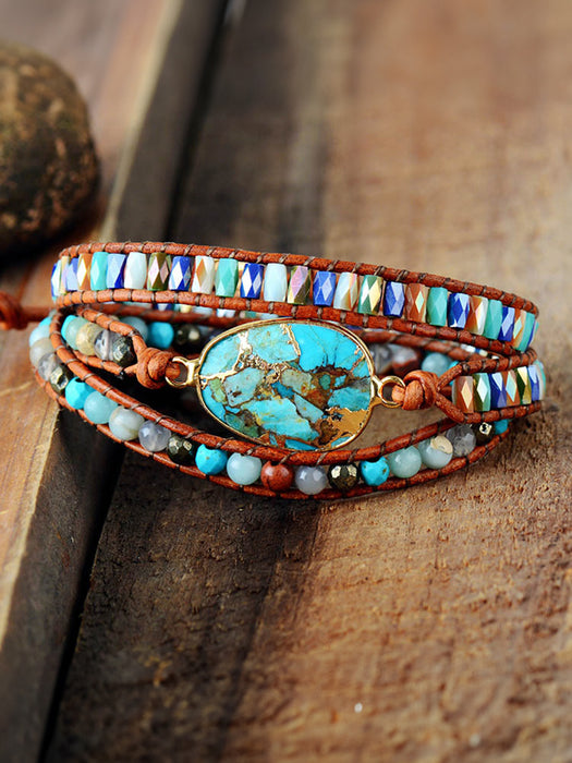 Exotic triple-layer natural stone bracelet featuring agate, crystal, and pyrite for a unique style.