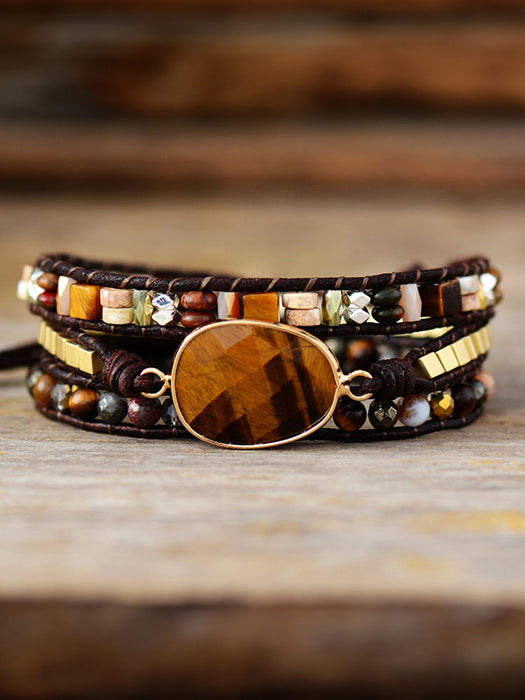 Geometrical Shape Triple-Layer Bracelet featuring Imperial Jasper, crystal, and pyrite in an exotic, handcrafted design.