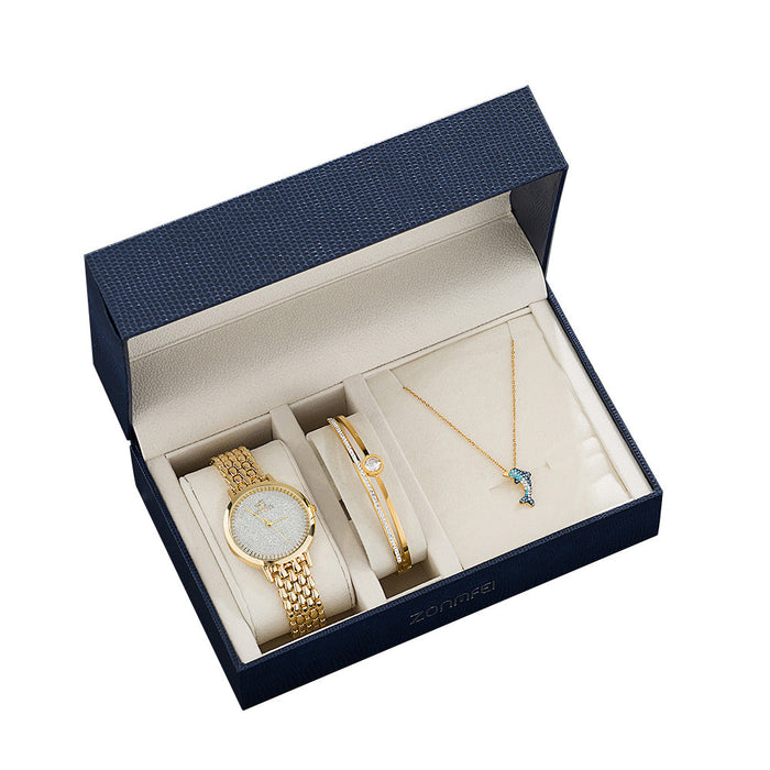 Women’s rose gold watch with leather strap, silver dial, bracelet, and pendant in Fossil gift tin