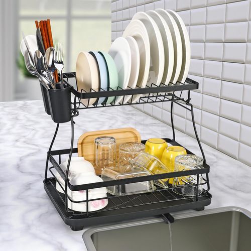 Modern 2-tier dish drying rack with auto-drain system and utensil holdercounter