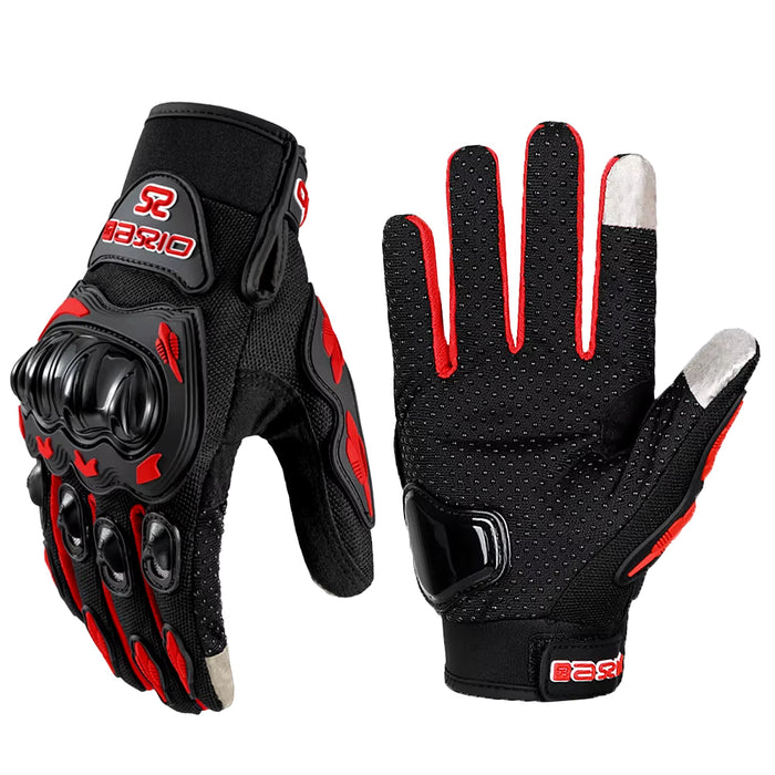 Summer breathable full-finger motorcycle gloves with non-slip grip and touchscreen fingertips for bikers.
