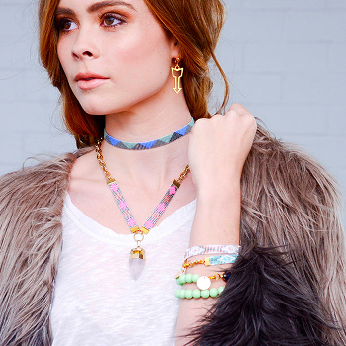 Blue crystal quartz necklace with handloomed beaded straps and 24K gold-plated chain