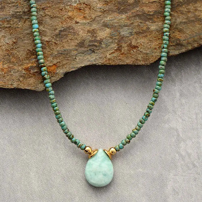 Handmade teardrop amethyst necklace with seed beads and adjustable gold-tone chain