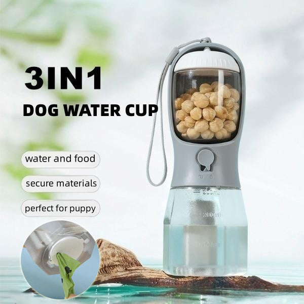 Leakproof 3-in-1 dog water bottle with food storage and waste bag dispenser – perfect for pet travel in the UK