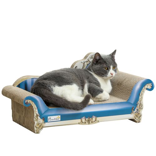 Eco cardboard cat scratcher with raised bed and catnip – wood-effect finish