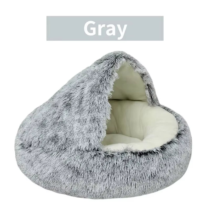 Soft winter plush cat bed with hooded sleeping bag design for small pets