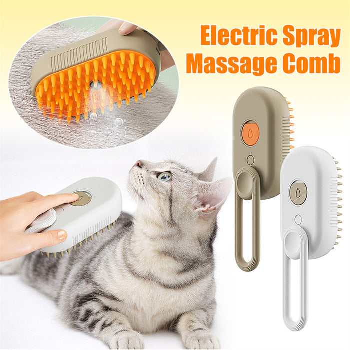 Pet grooming steam brush with ergonomic handle and silicone teeth for sensitive pets