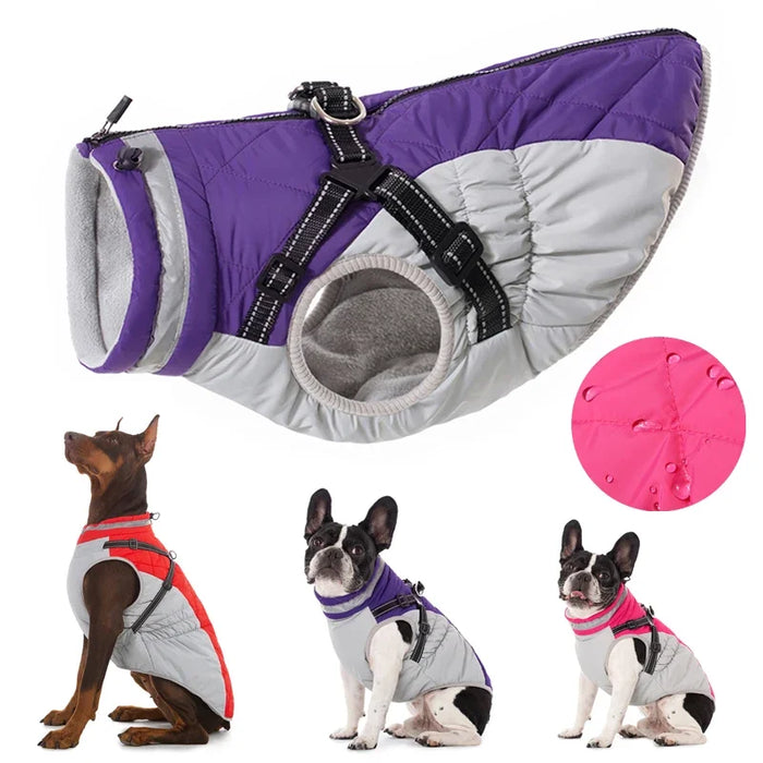 Waterproof Winter Dog Jacket with Built-in Harness for Small and Large Dogs – Fleece-Lined Pet Coat
