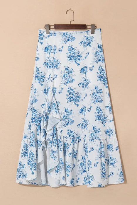 Flowy ruffled skirt with asymmetrical split hem in lightweight polyester