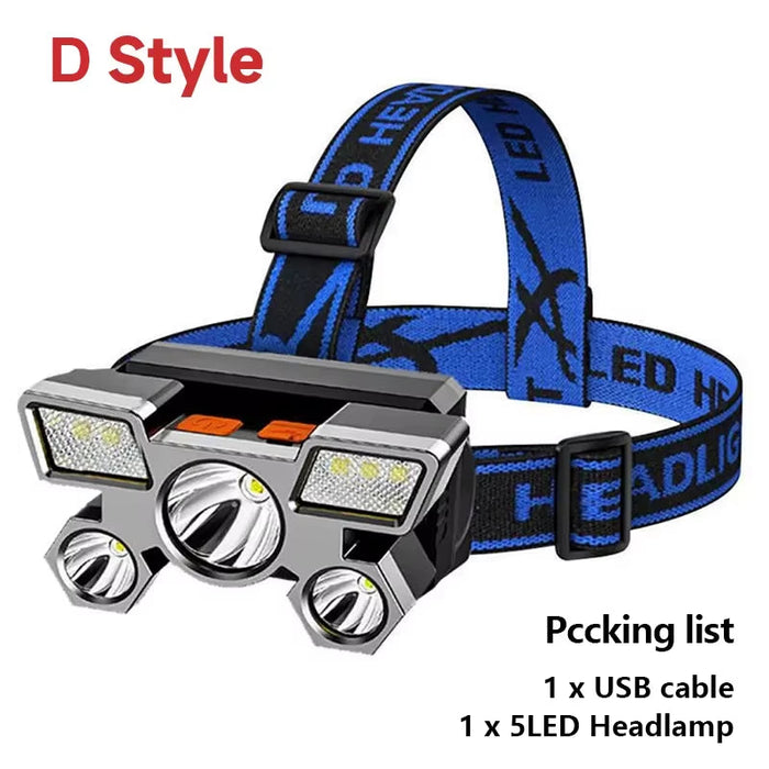 Rechargeable 5-LED Headlamp with Adjustable Strap and USB Charging – Ideal for Outdoor Activities