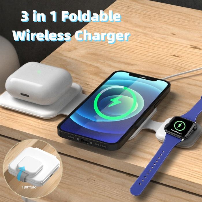 Foldable 3-in-1 magnetic wireless charger for phone, watch, and earbuds