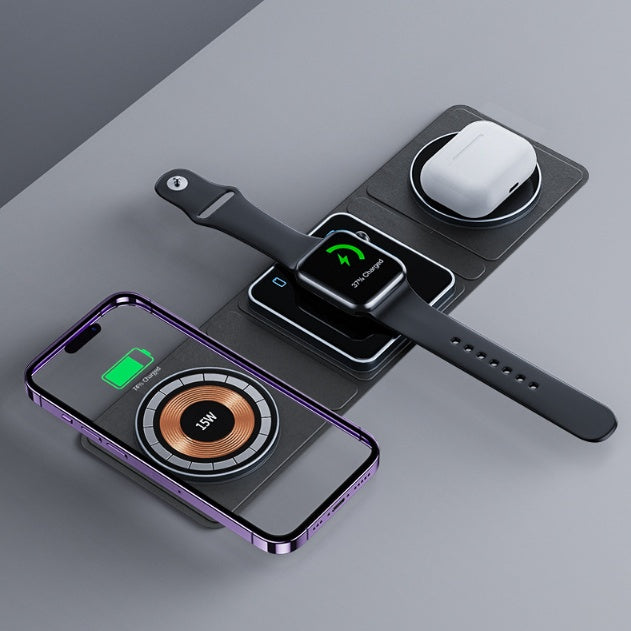 3-in-1 MagSafe wireless charger for iPhone, AirPods, and Apple Watch with foldable and transparent design